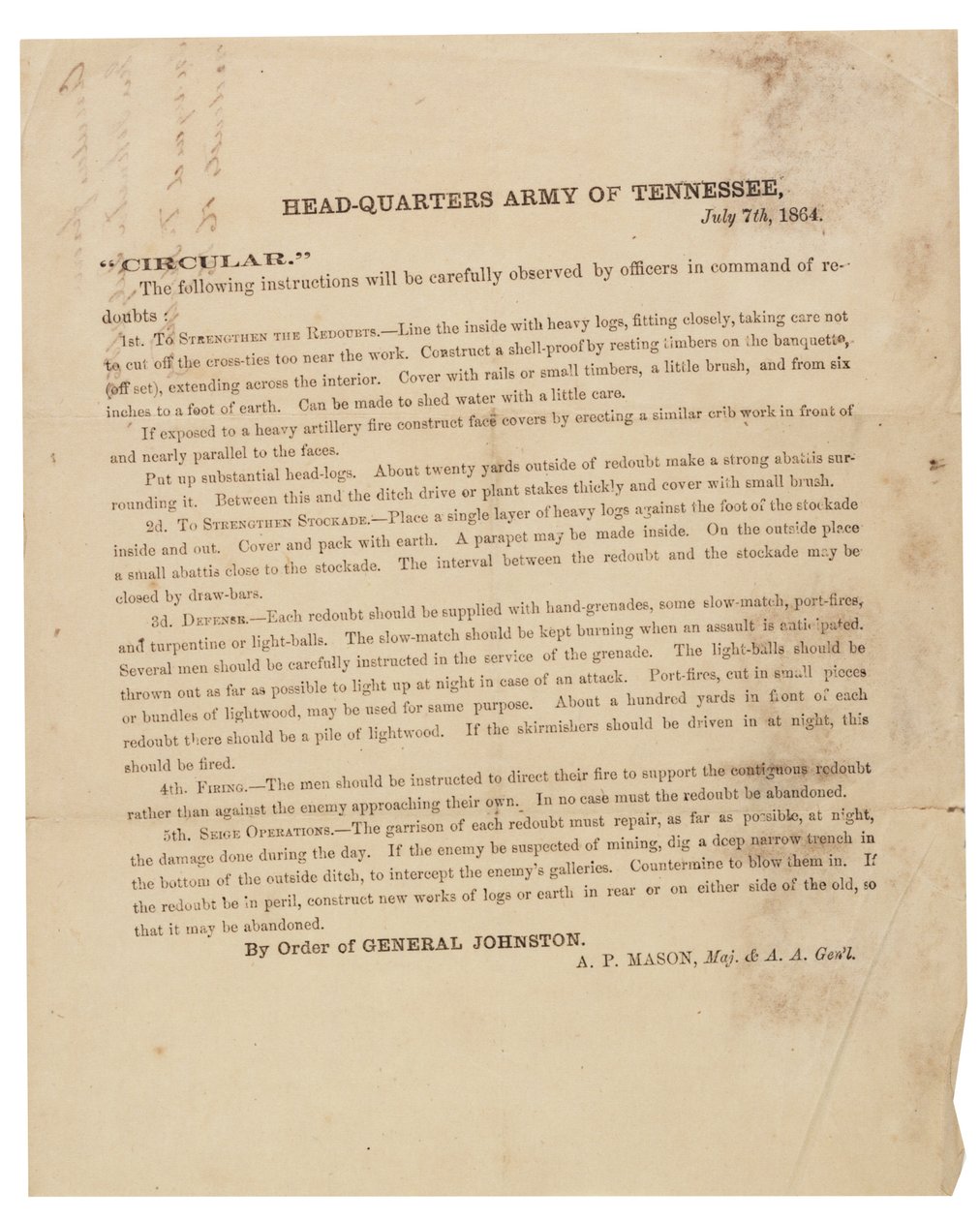 Cirkulär om konstruktion och befästning av skansar som används av Army of Tennessee, 7 juli 1864 av American School