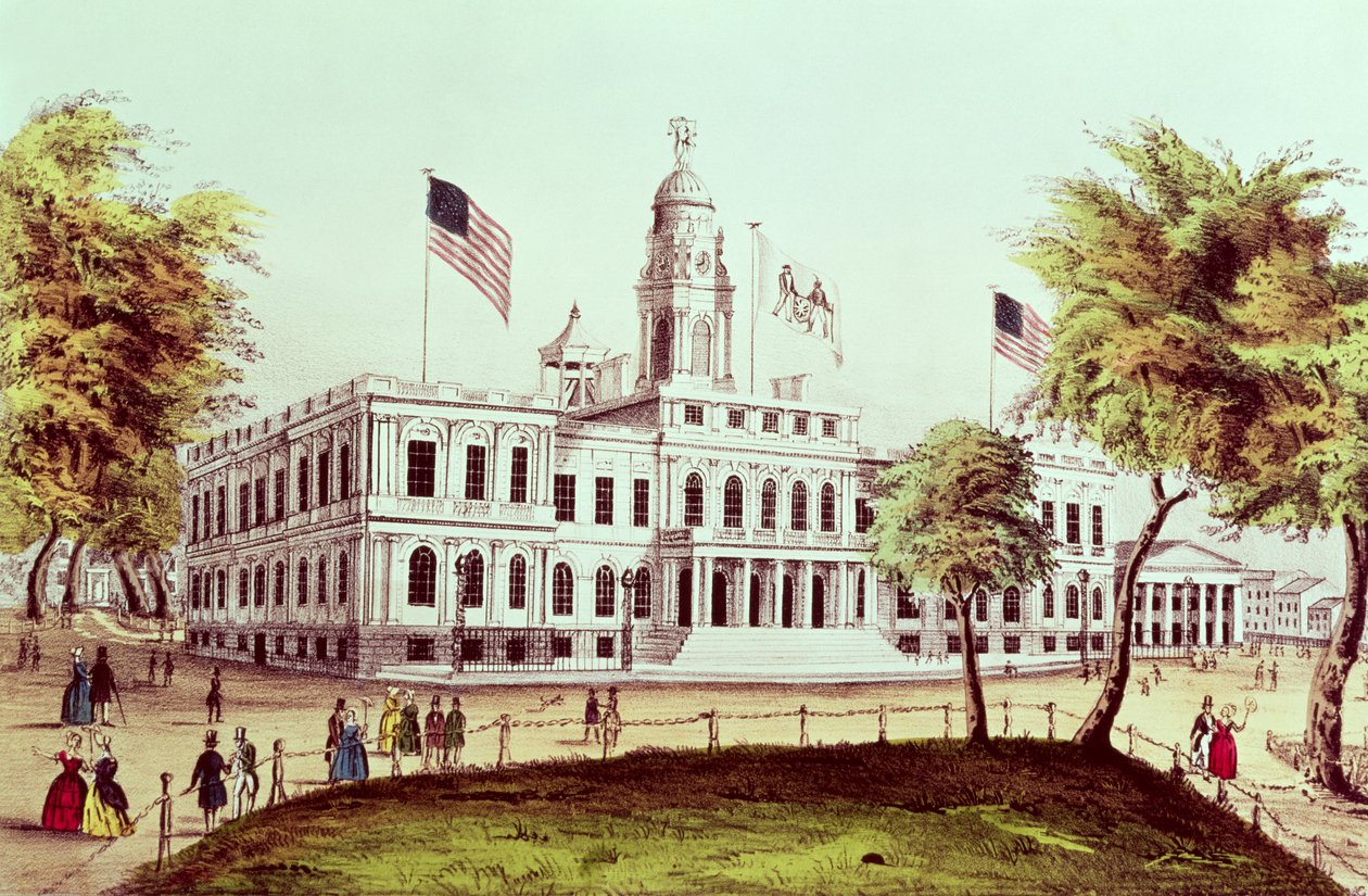 Stadshuset, New York, graverad av Nathaniel Currier (1813-88) av American School