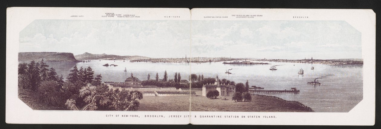 City of New-York, Brooklyn, Jersey City & Quarantine Station på Staten Island, ca 1850 (lito i färg) av American School