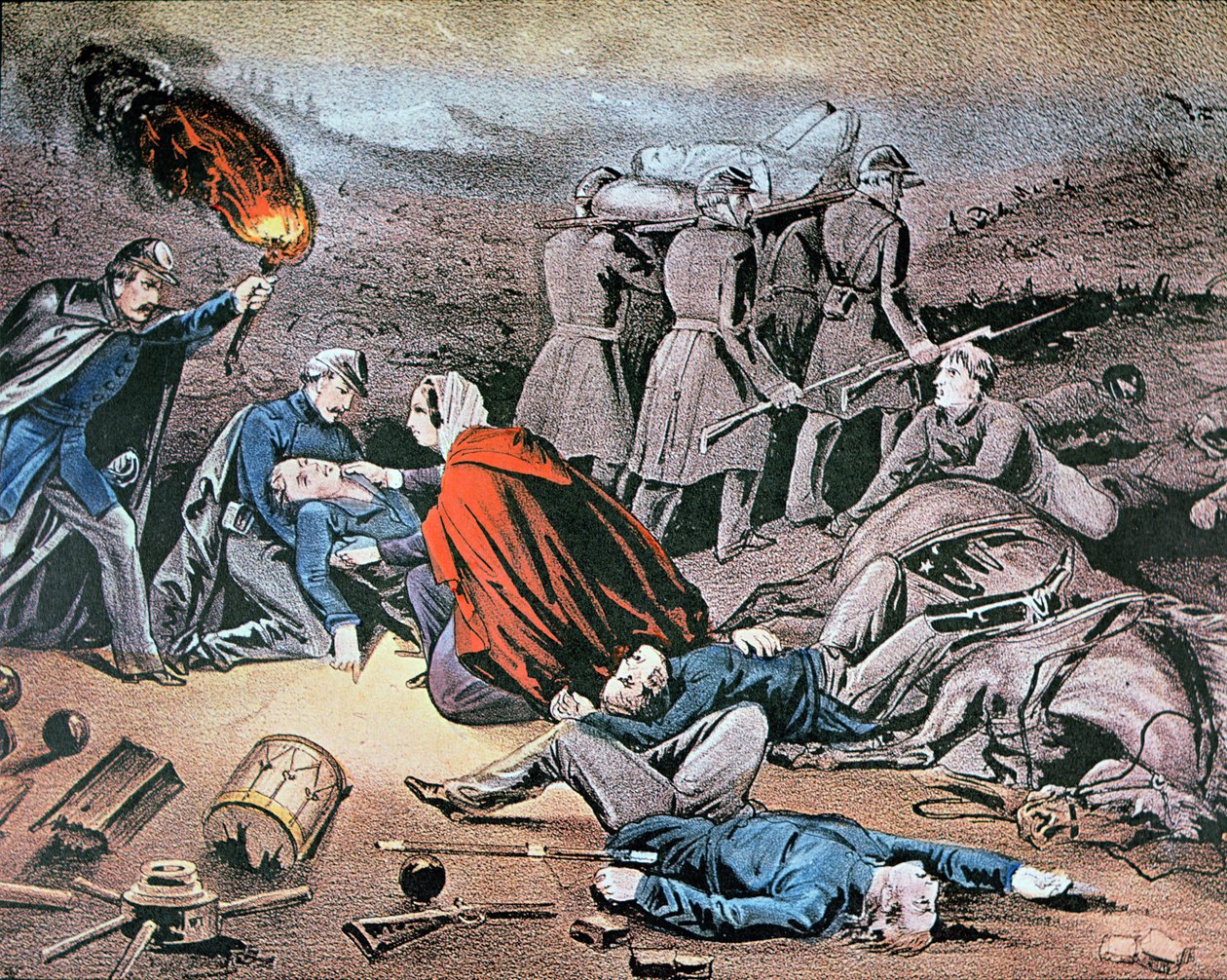 Clara Barton vårdar skadad under det amerikanska inbördeskriget (färg litho) av American School
