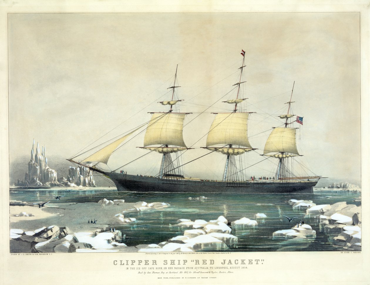 Clipper Ship Red Jacket i isen utanför Kap Horn, på sin passage från Australien till Liverpool, augusti 1854, pub. N. Currier, 1855 av American School