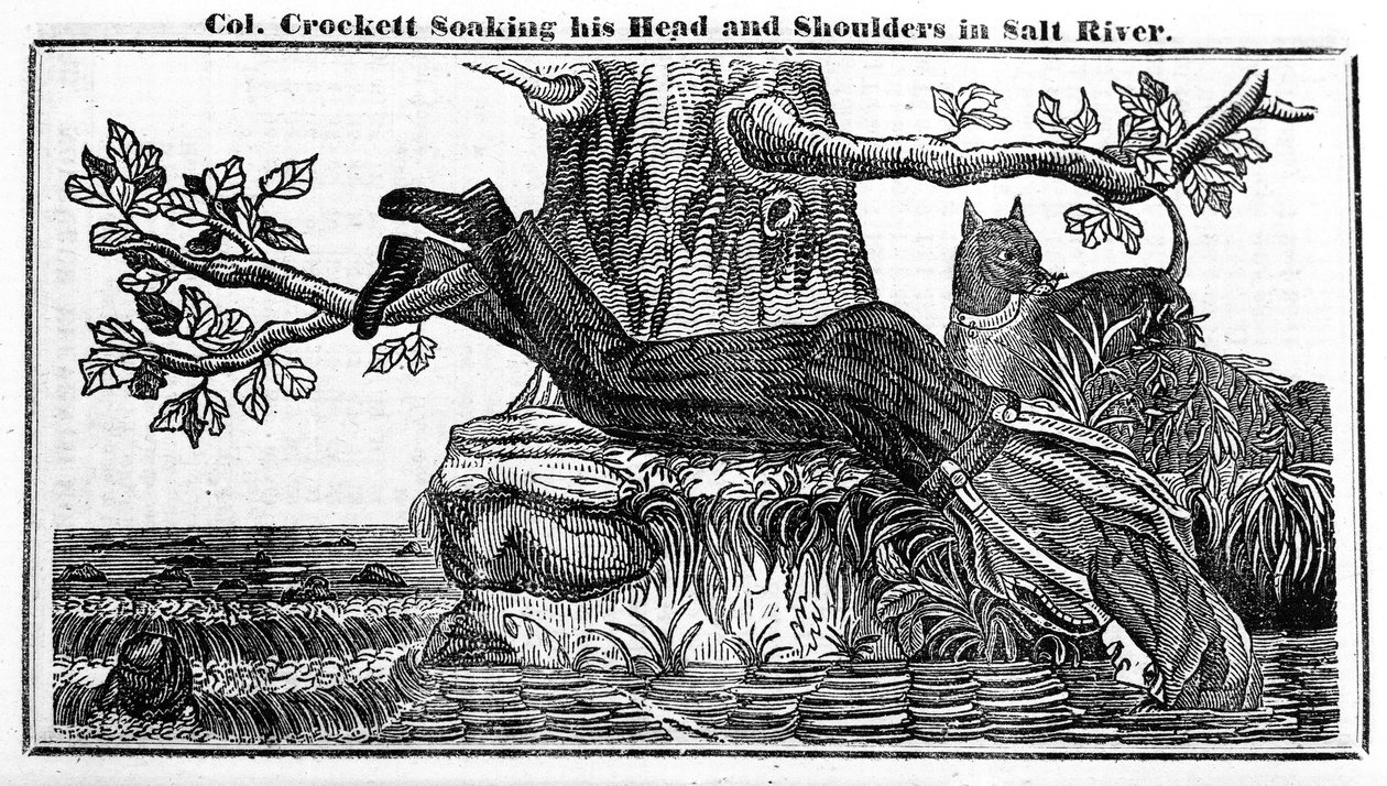 Överste Davy Crockett blötlägger huvudet och axlarna i Salt River, från Crocketts Almanac, 1837 (tidningspapper) av American School