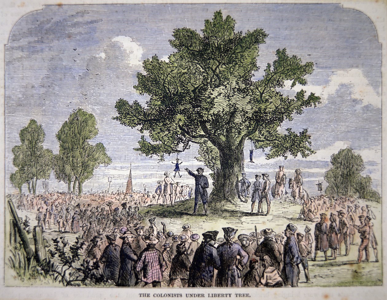 Kolonister under Liberty Tree (färg litho) av American School