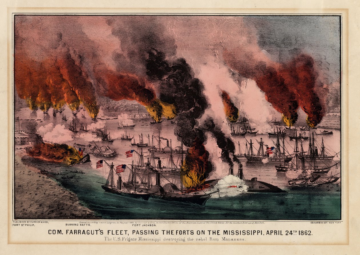 Com. Farraguts flotta, passerar forten på Mississippi, 24 april 1862, pub. av Currier & Ives, 1862 av American School