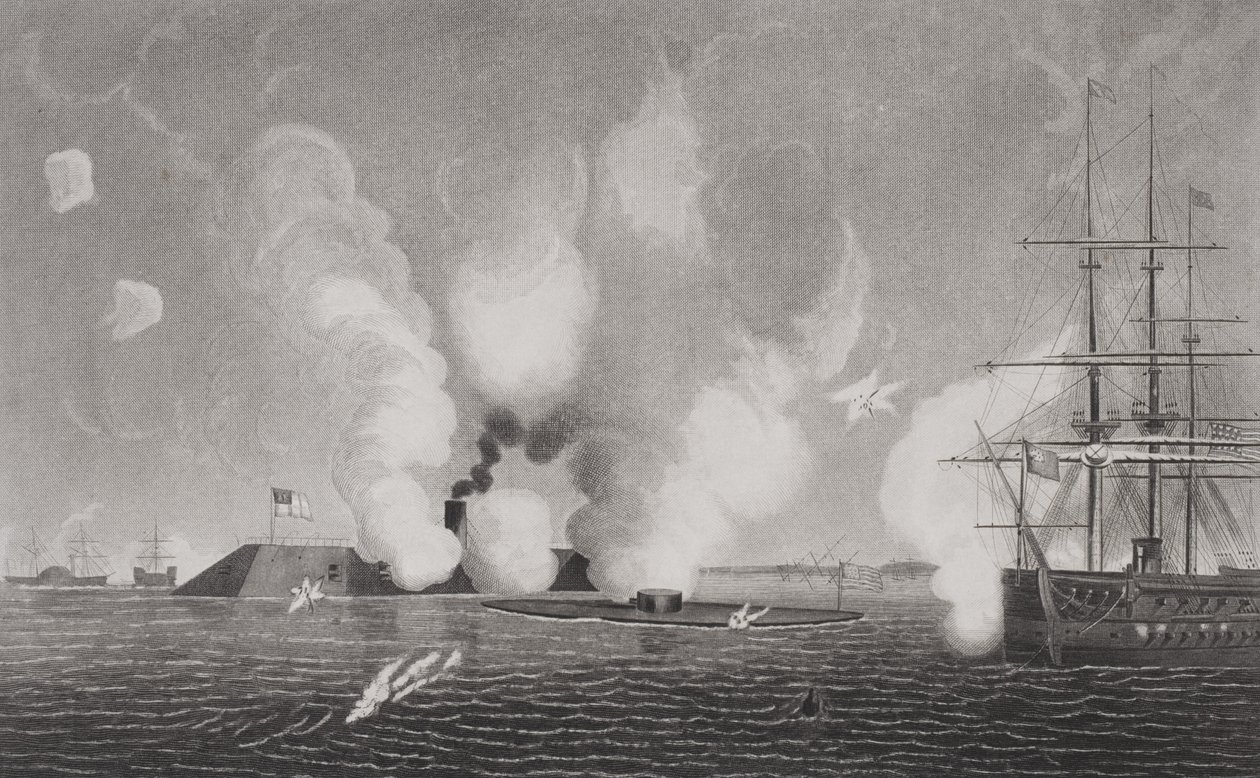 Strid mellan Confederate CSS Virginia (vänster) och Union USS Monitor (mitten) den 9 mars 1862 vid Hampton Roads, Virginia (se 254609 för detaljer) av American School