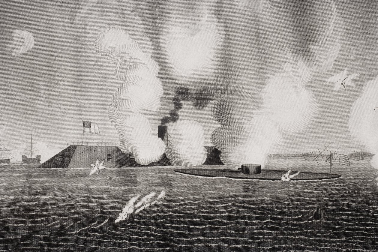 Strid mellan Confederate CSS Virginia (vänster) och Union USS Monitor (höger) den 9 mars 1862 vid Hampton Roads, Virginia (detalj av 254608) av American School