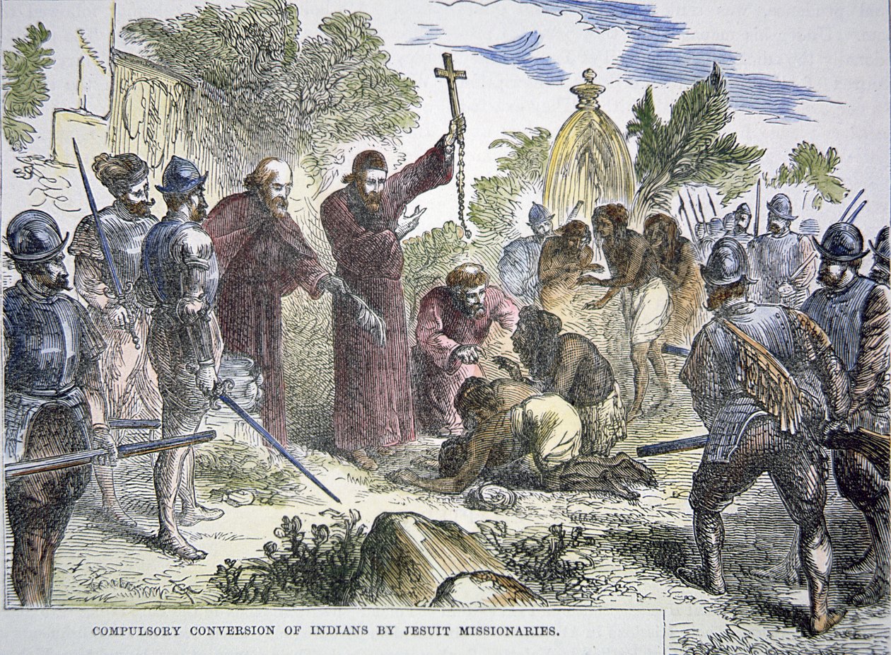 Obligatorisk omvandling av indianer till kristendomen av spanska jesuitmissionärer på 1500-talet (färg litho) av American School