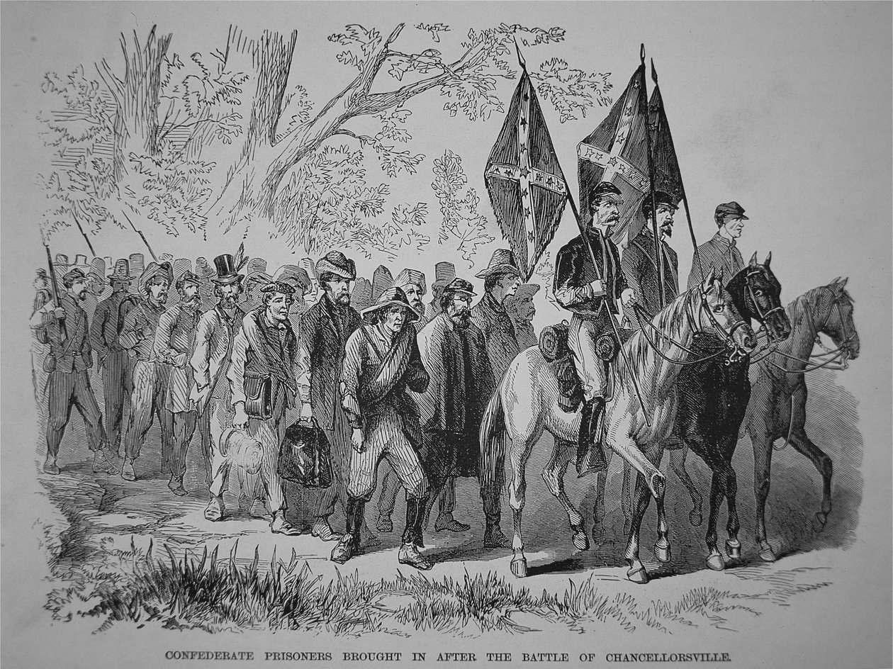 Konfedererade fångar som togs in efter slaget vid Chancellorsville (litho) av American School