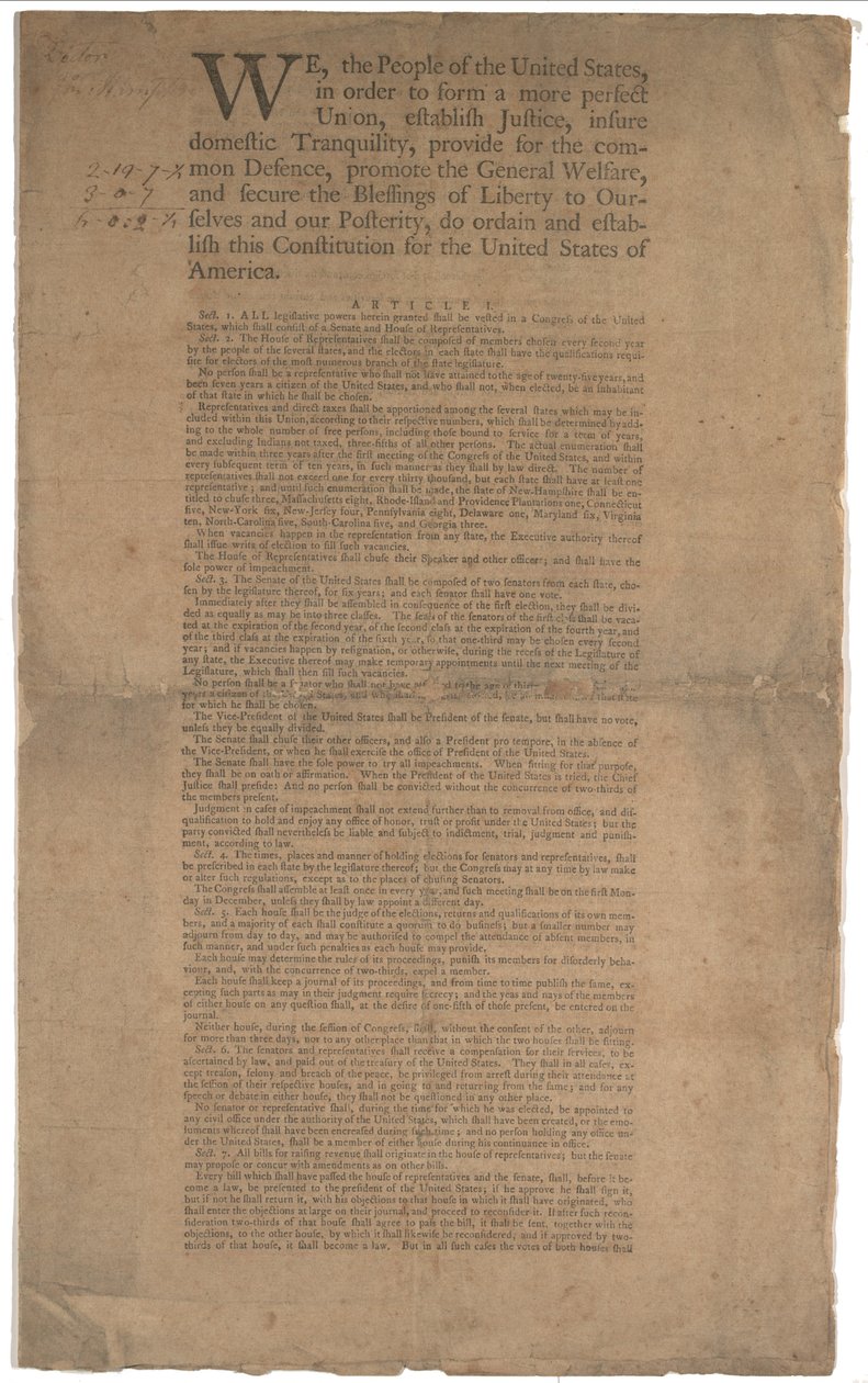 Konstitution, första tryckning, tryckt av Dunlap & Claypoole, 17-19 september 1787 (se GLC 695934 för sida 2) av American School