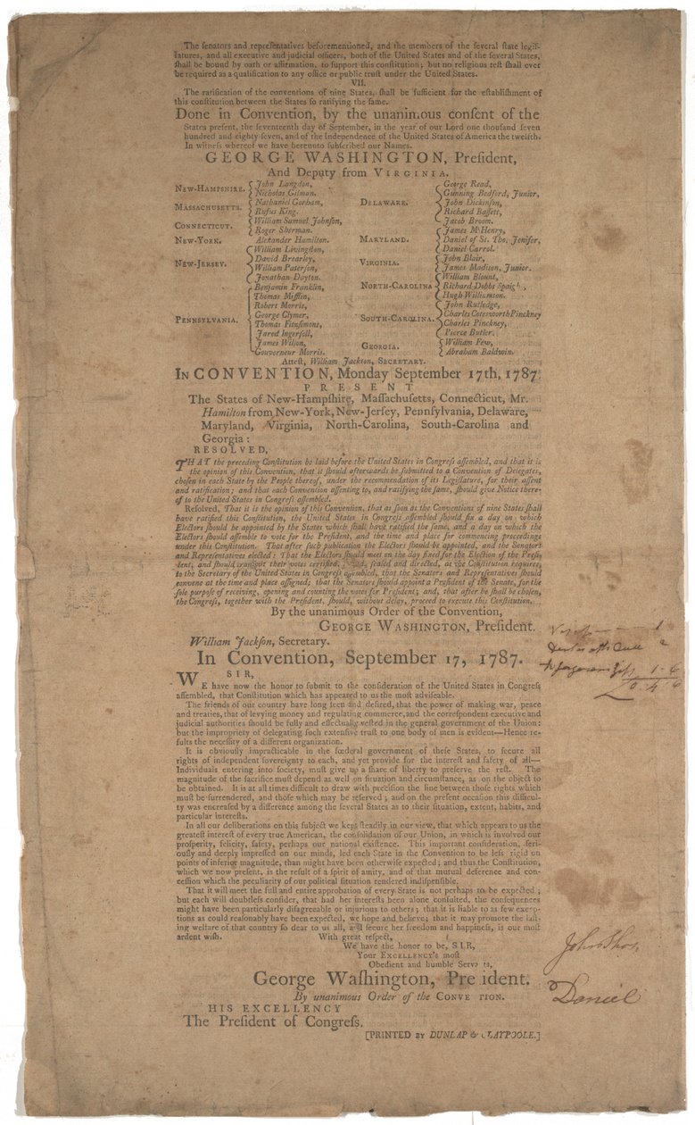 Konstitution, första tryckning, tryckt av Dunlap & Claypoole, 17-19 september 1787 (se även GLC 695933, GLC 695934 & GLC 695935) av American School