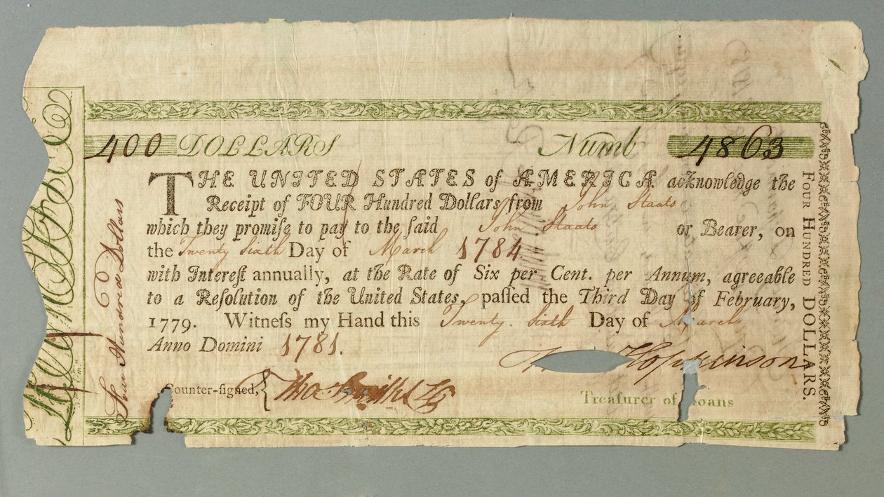 Continental Loan Office Certifikat nummer 4863 undertecknat av kassören Francis Hopkinson, 26 mars 1781 av American School