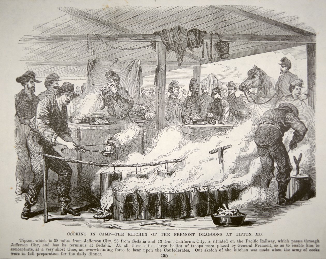 Matlagning i lägret - Fremont Dragoons kök i Tipton, Missouri (gravyr) av American School