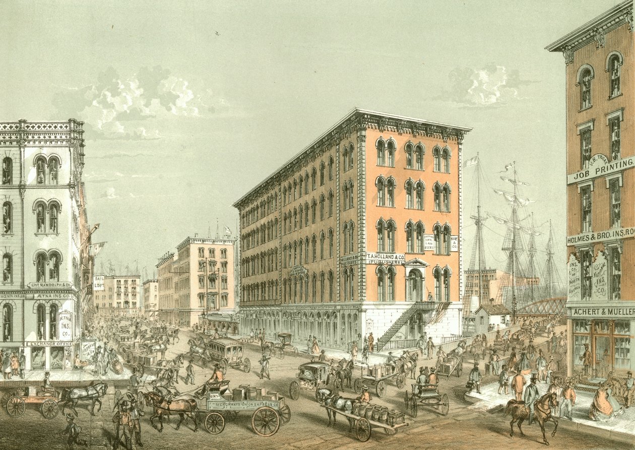 Corner of Clark and South Water Street, från Chicago Illustrated, med litterära beskrivningar av James W. Sheahan, publicerad av Jevne & Almini, Chicago, 1866-67 av American School