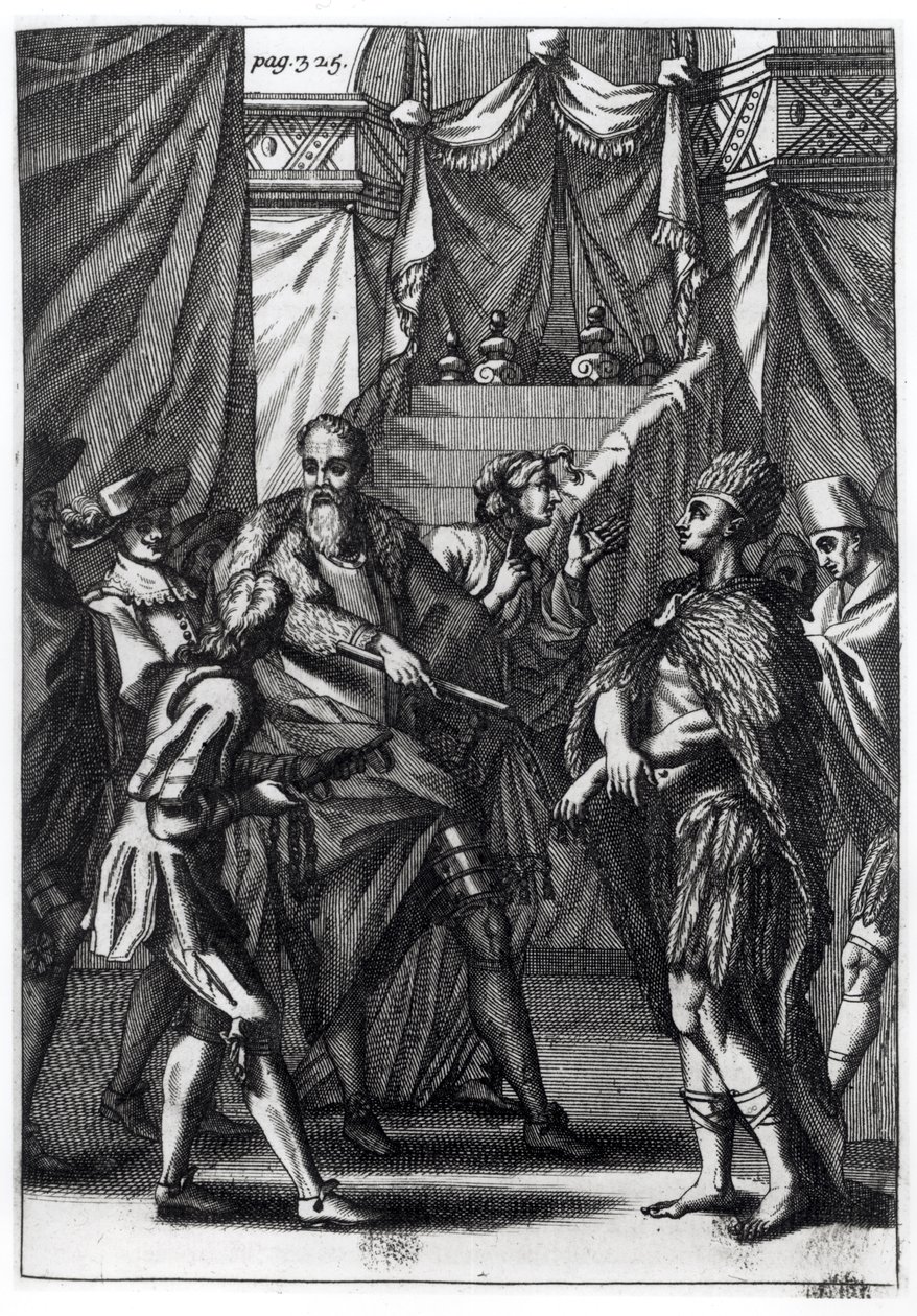 Cortes och Montezuma, från Antonio de Solis y Rivadeneira Solis "History of the Conquest of Mexico", 1691 av American School