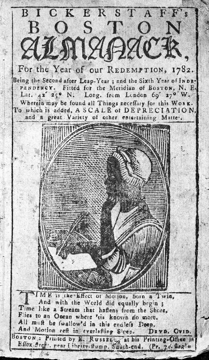Omslag till Bickerstaffs Boston Almanack med ett porträtt av Phillis Wheatley (1753-84) publicerad 1782 (tryck) av American School