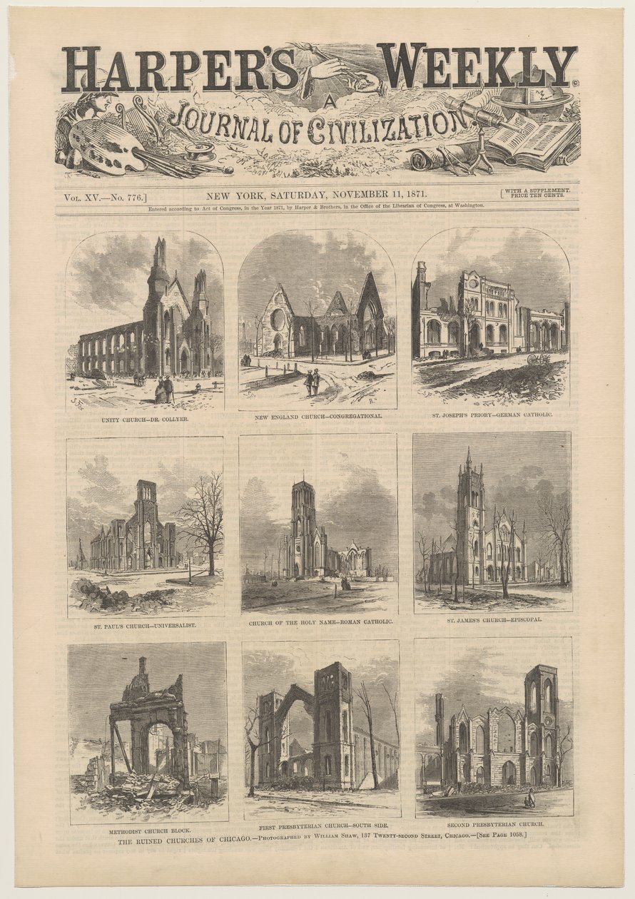 Omslag till Harpers Weekly som visar scener av de förstörda kyrkorna i Chicago, 11 november 1871 av American School