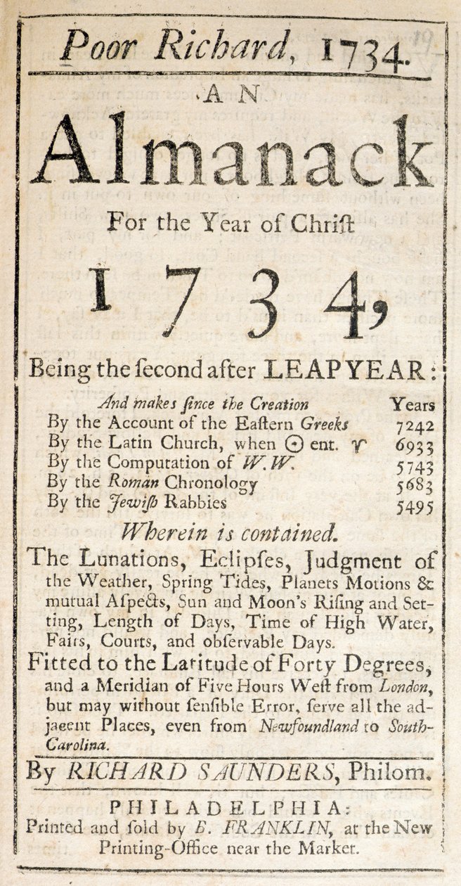 Omslag till Poor Richard, an Almanack, 1734 (tryck) av American School
