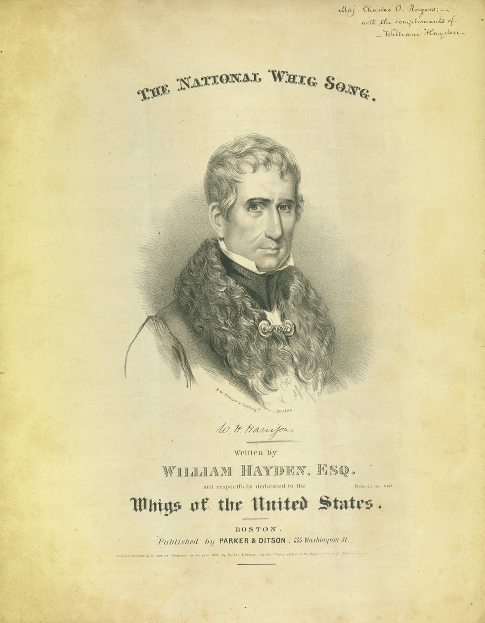 Omslag till arket The National Whig Song, av William Hayden, utgiven av Parker & Diston, Boston, 1840 av American School