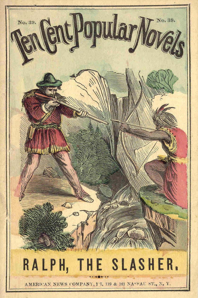 Omslag till boken "Ten cent popular novels - Ralph, the Slasher", nr 39. American News Company. En indisk och en vit duell. Brinnande sd. tidigt 1900-tal. av American School