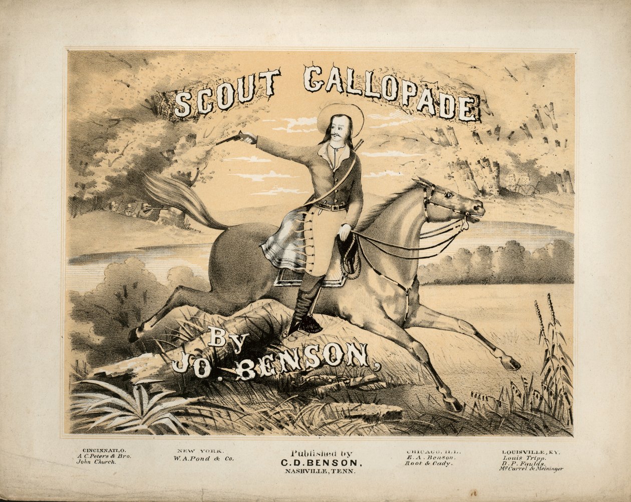 Omslag till noteringsbladet för Scout Gallopade, av Jo. Benson, utgiven av C.D. Benson, Nashville, Tennessee av American School