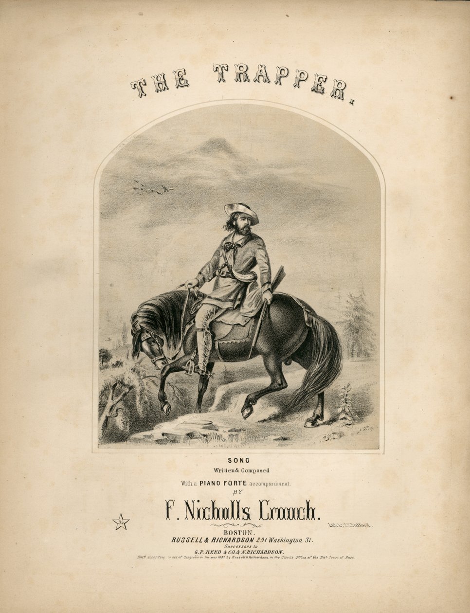 Omslag till notbladet för The Trapper, 1857 av American School