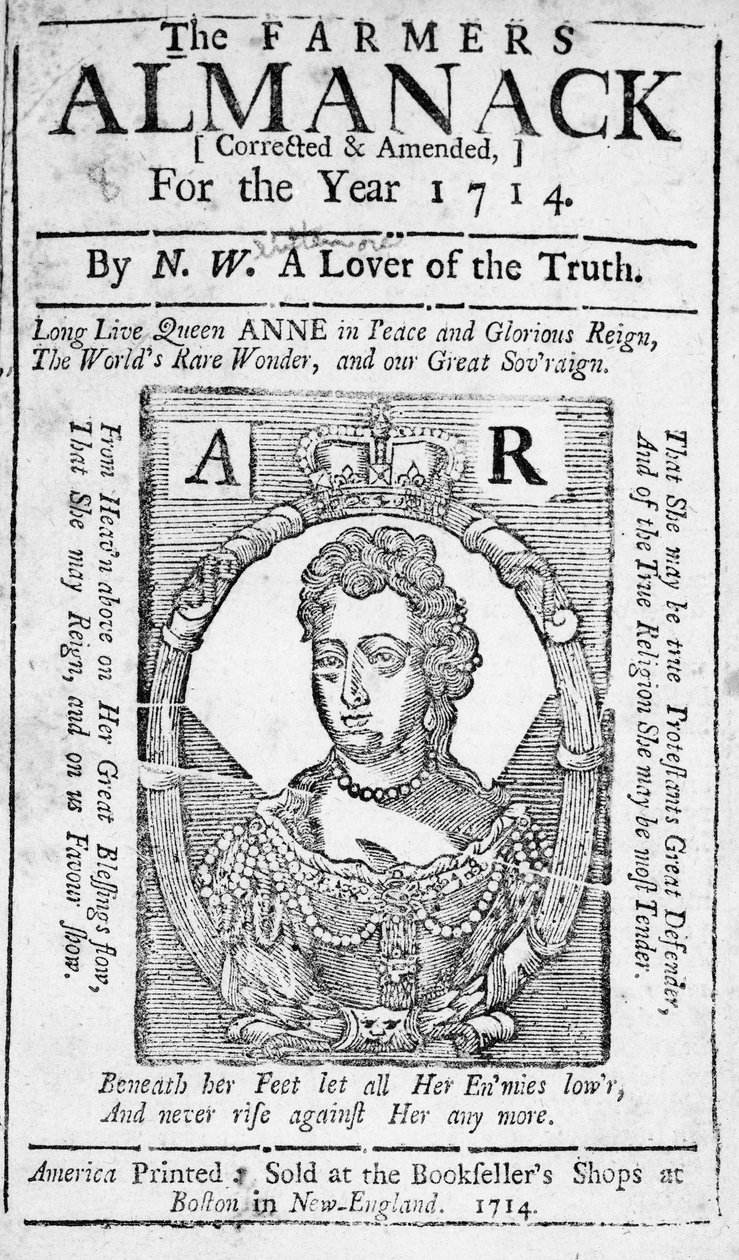 Försättsblad till The Farmers Almanack, publicerad 1714 (tryckt) av American School