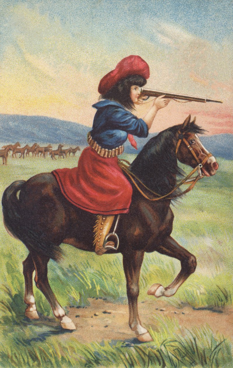 Cowgirl på hästryggen siktar med gevär (kromolitho) av American School