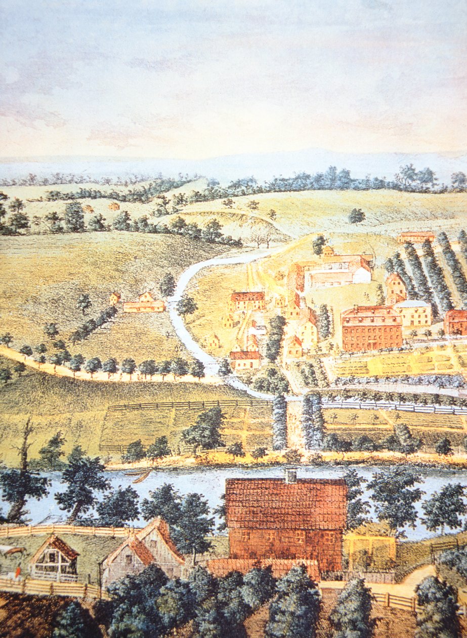 Odlad jordbruksmark i Pennsylvania 1750 (färg litho) av American School