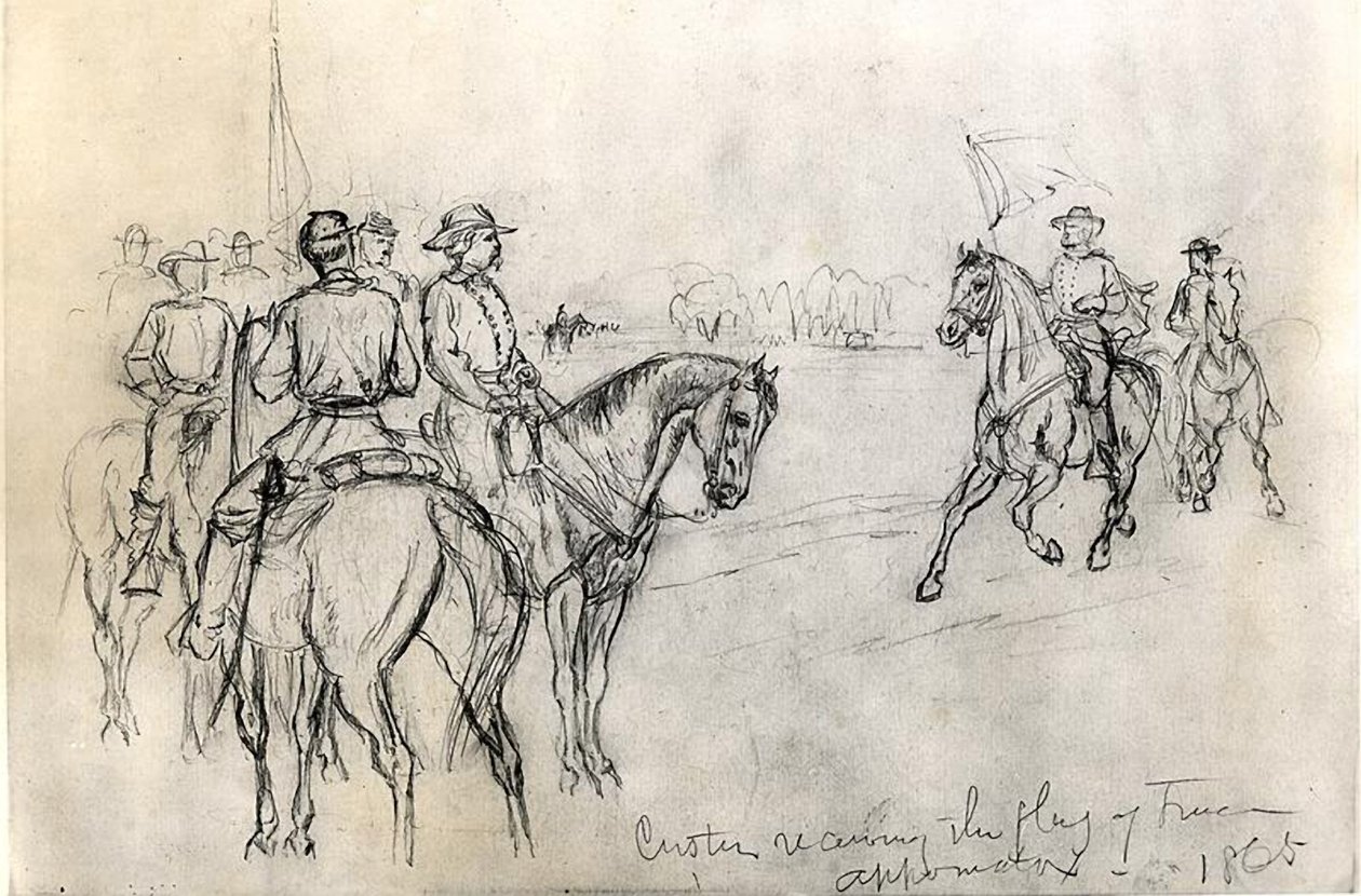 Custer tar emot frihetens flagga, Appomattox, 1865 av American School