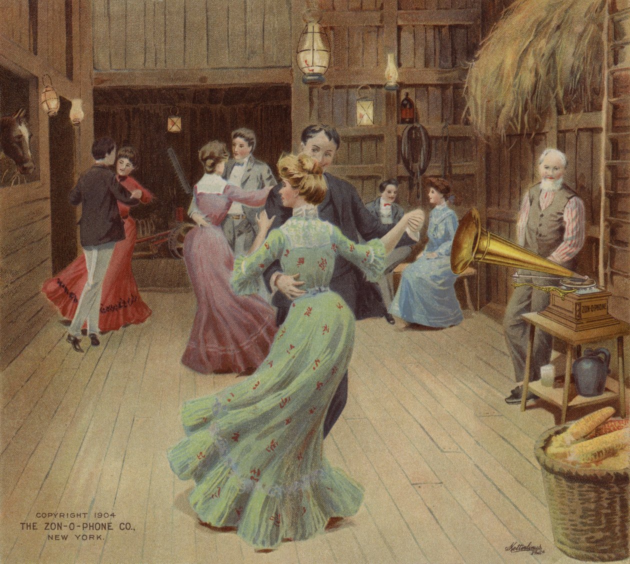 Dansar i en lada till en fonograf (färglitografi) av American School