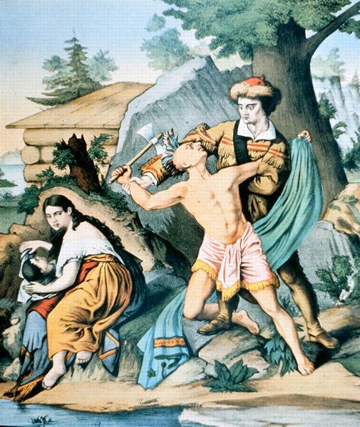 Daniel Boone (1734-1820) försvarar sin familj mot indisk attack av American School