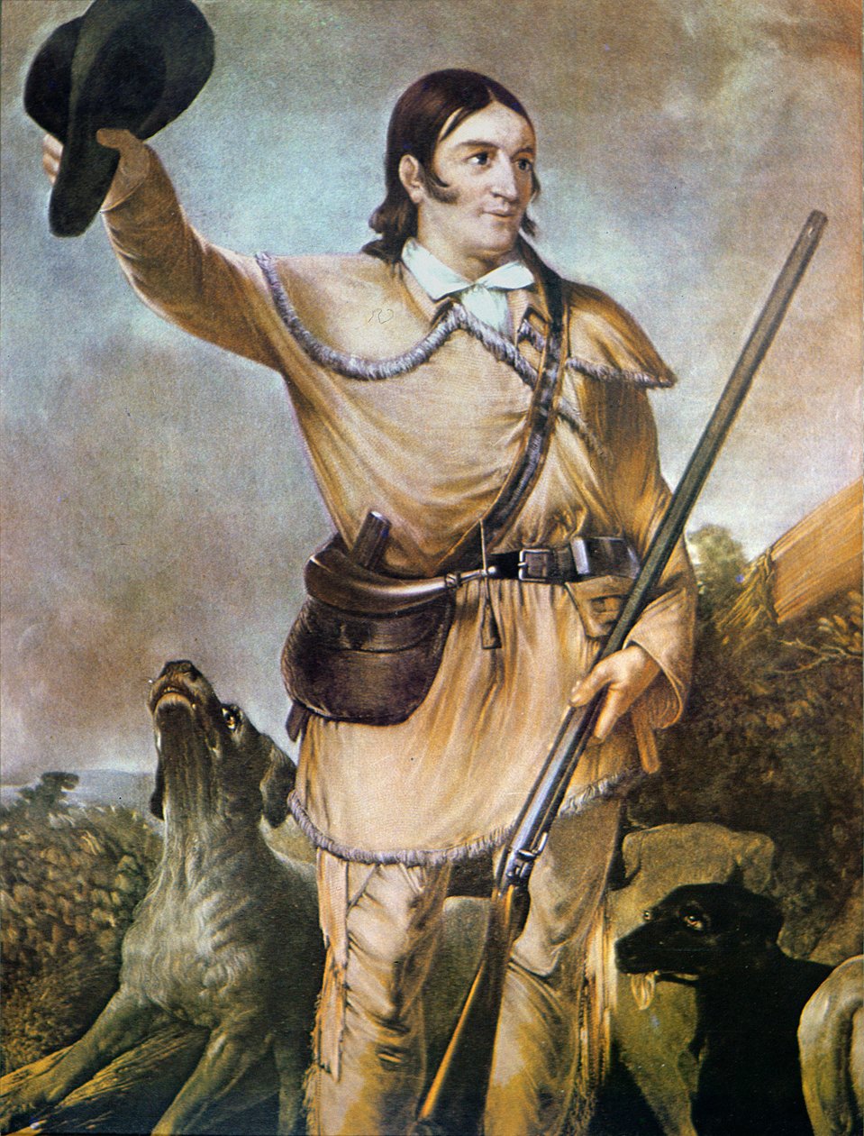 David (Davy) Crockett (1786-1836) med sina jakthundar 1836 (färg litho) av American School