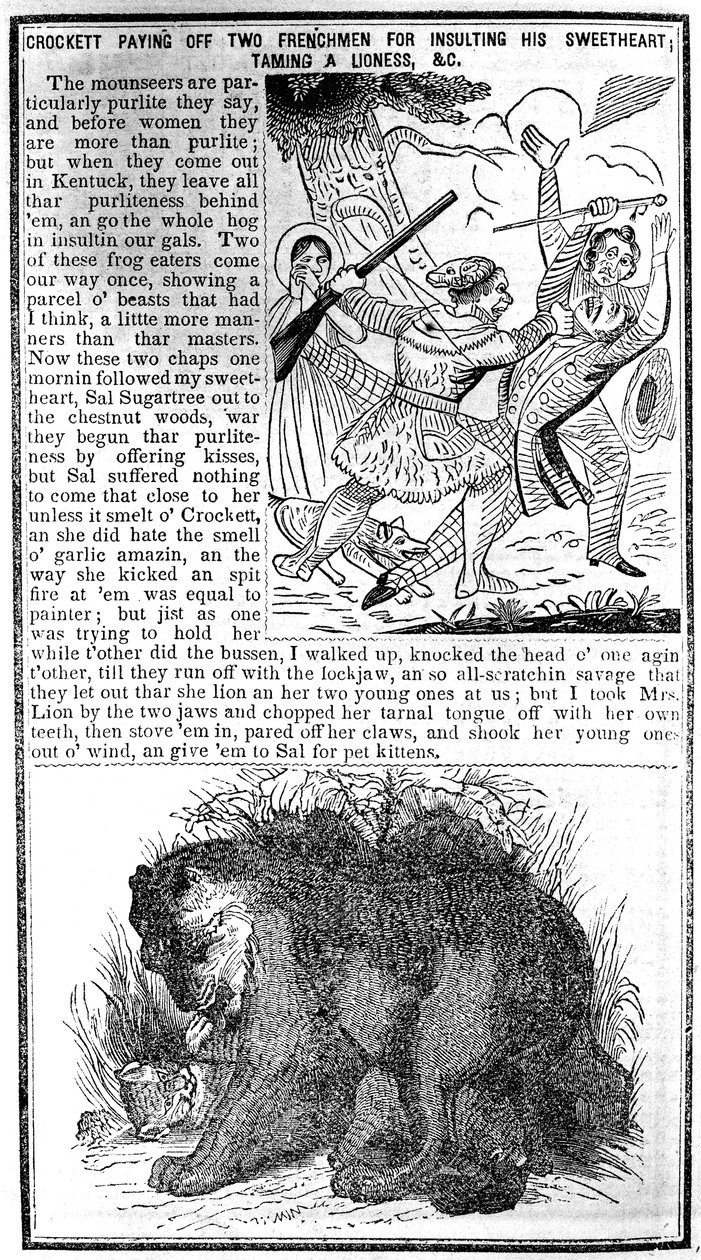 Davy Crockett betalar två fransmän för att ha förolämpat sin älskling, tämjat en lejoninna, etc., illustration från Crocketts Almanack av American School