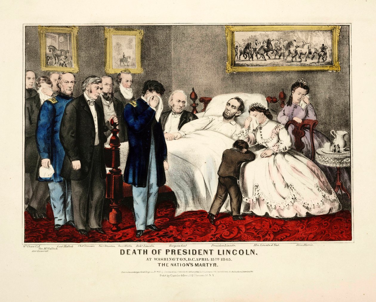 President Lincolns död i Washington, DC, den 15 april 1865, pub. 1865 färglitografi av American School