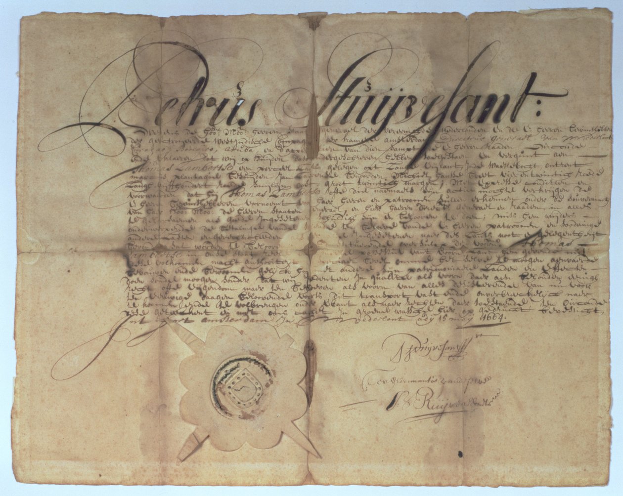 Handling undertecknad av Peter Stuyvesant, generaldirektör för New Netherland, 15 maj 1664 av American School