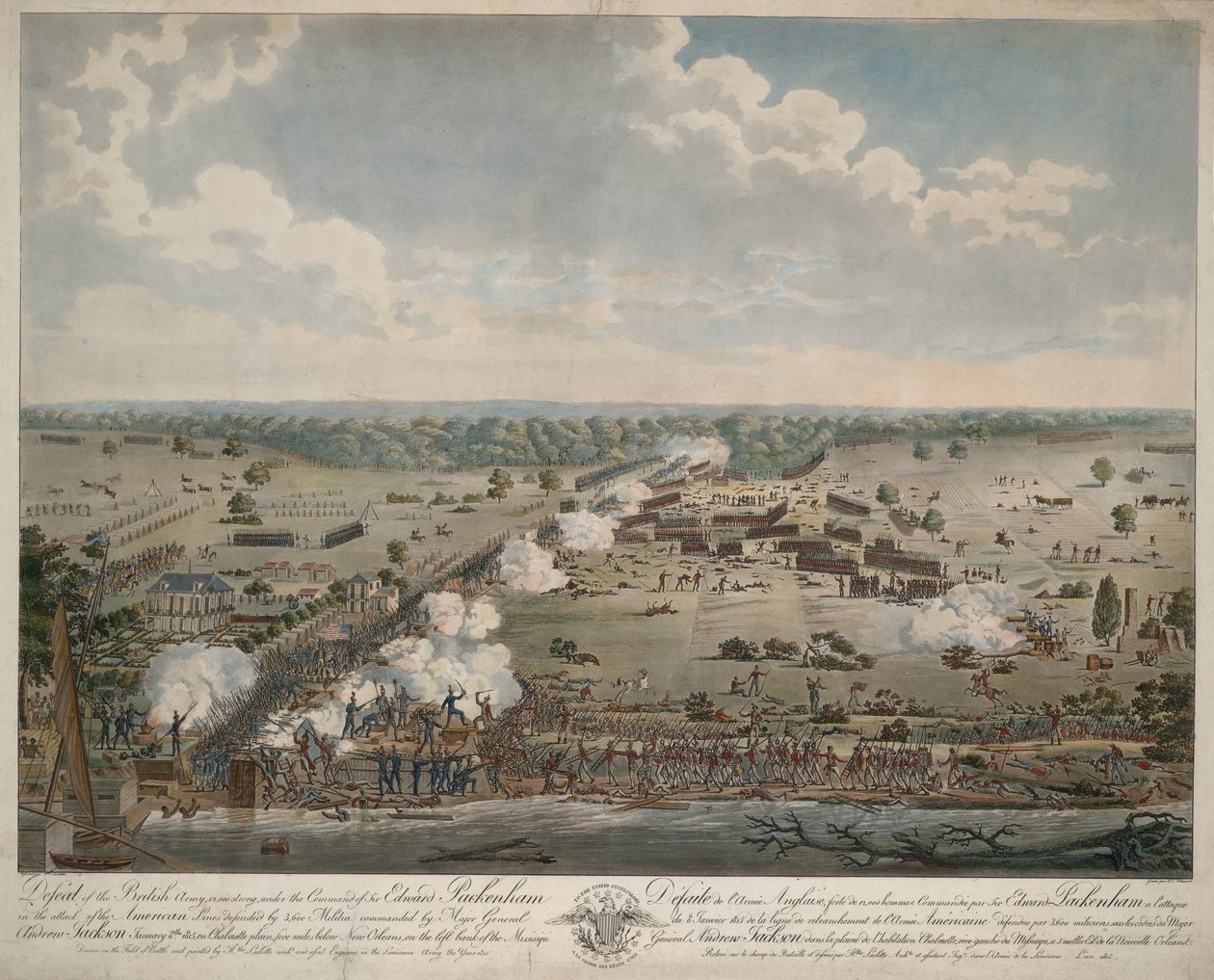 Nederlag för den brittiska armén (Slaget vid New Orleans), pub. 1815 (handfärgad gravyr) av American School
