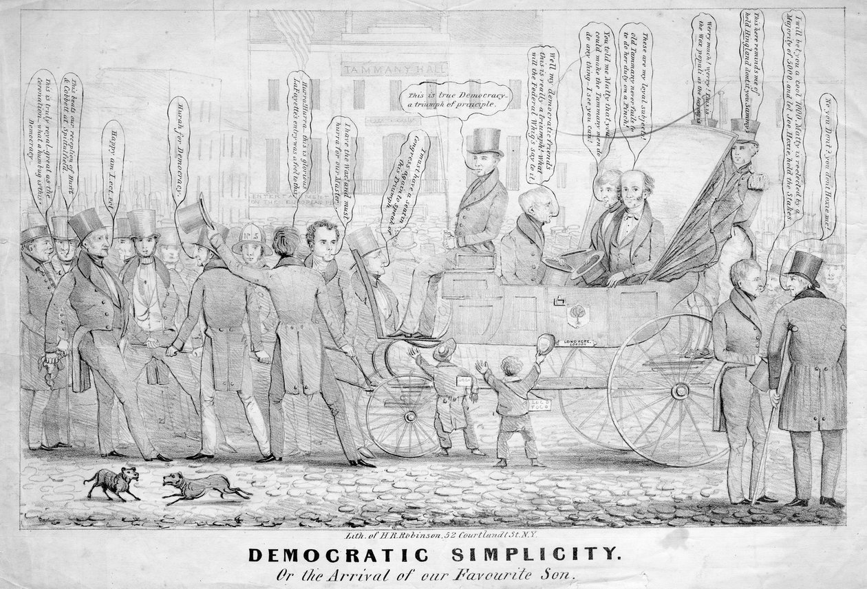 Demokratisk enkelhet, eller vår favoritsons ankomst, publicerad av H R Robinson, New York, ca 1839 av American School