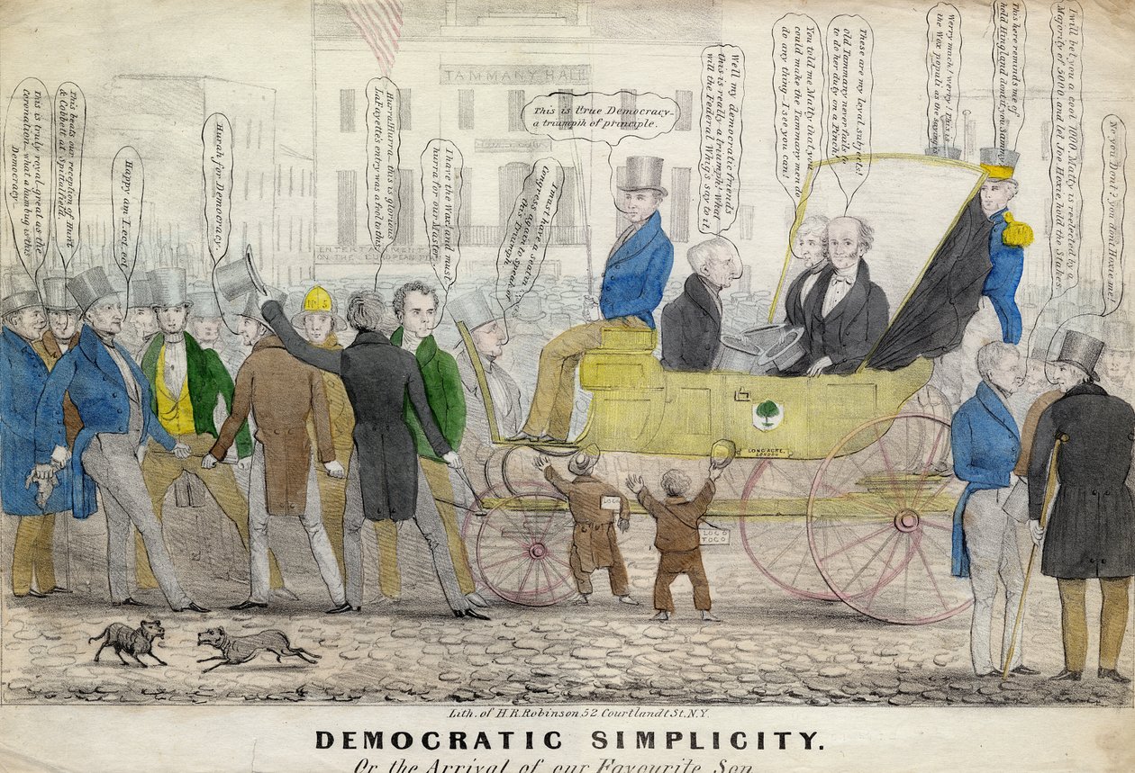 Demokratisk enkelhet, eller vår favoritsons ankomst, publicerad av H R Robinson, New York, ca 1839 av American School