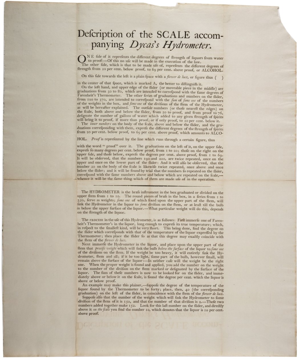 Beskrivning av skalan för medföljande Dycass Hydrometer, 1790 av American School