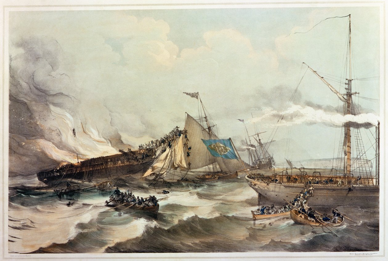 Förstörelse av emigrantskeppet Ocean Monarch, graverad av Maclure, 1845 av American School