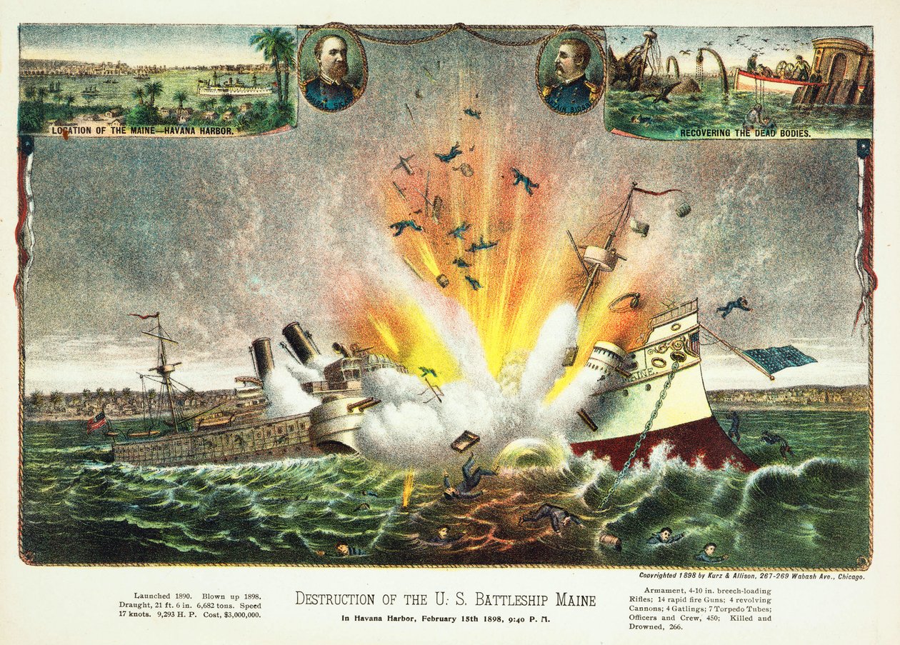 Förstörelse av det amerikanska slagskeppet Maine i Havannas hamn 15 februari 1898, pub.1898 av American School