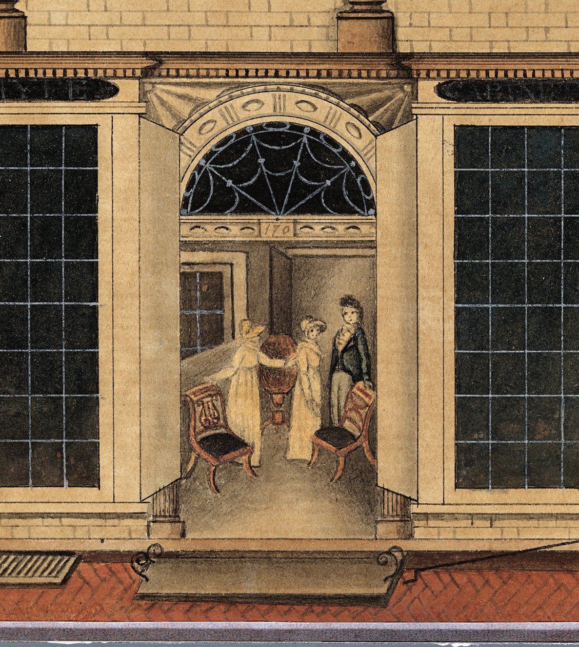 Detalj av Duncan Phyfes butik och lager på Fulton Street i New York City, ca 1817-1820 (akvarell, bläck och gouache på vitt papper) av American School