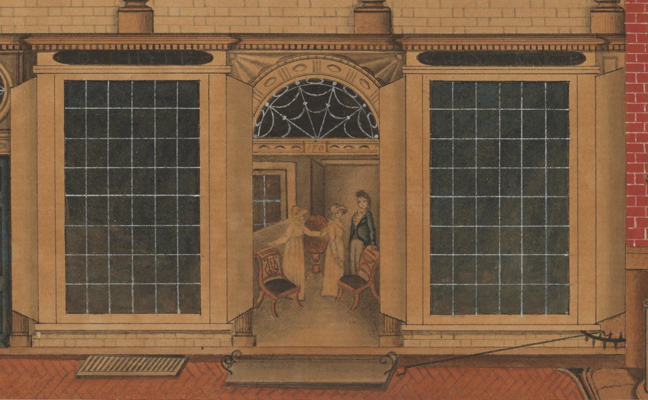 Detalj av Duncan Phyfes butik och lager på Fulton Street i New York City, ca 1816-1817 (akvarell, penna och bläck på papper) av American School