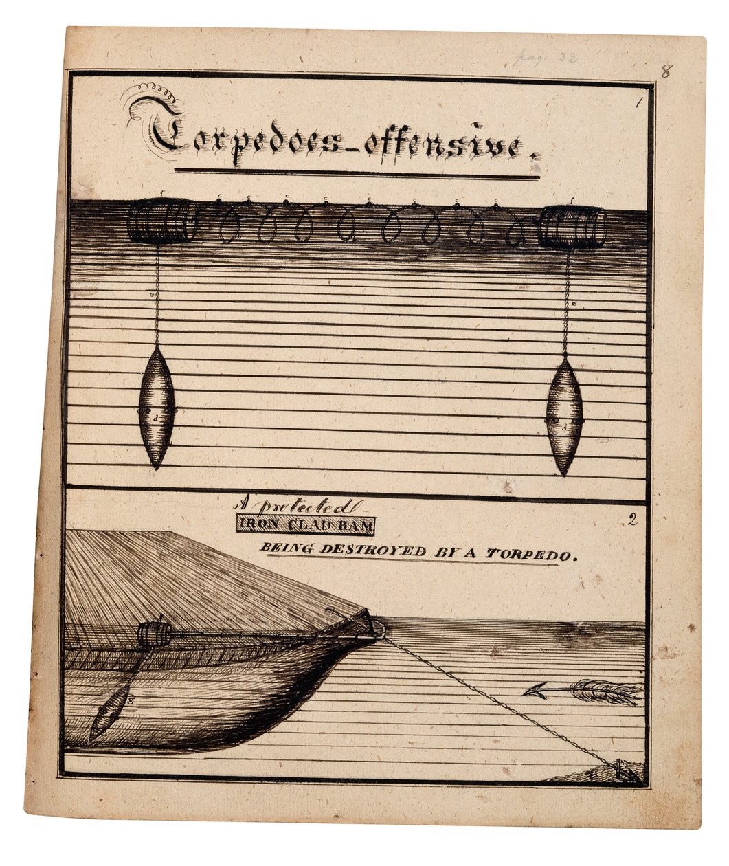 Diagram över ett torpedangrepp (penna  tusch på papper) av American School