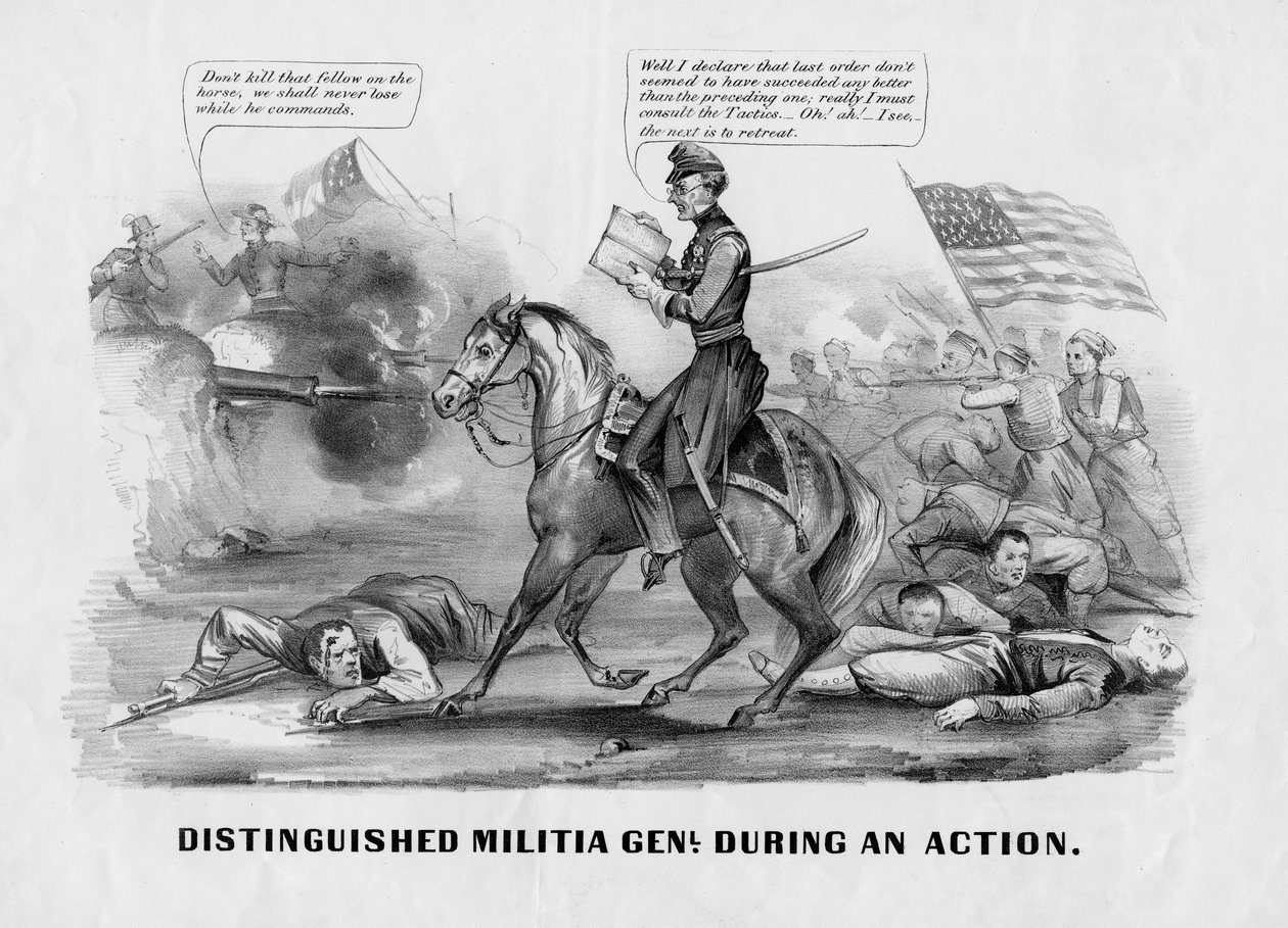 Framstående milis genl. under en handling, publicerad av Currier & Ives, New York, ca. 1861 av American School
