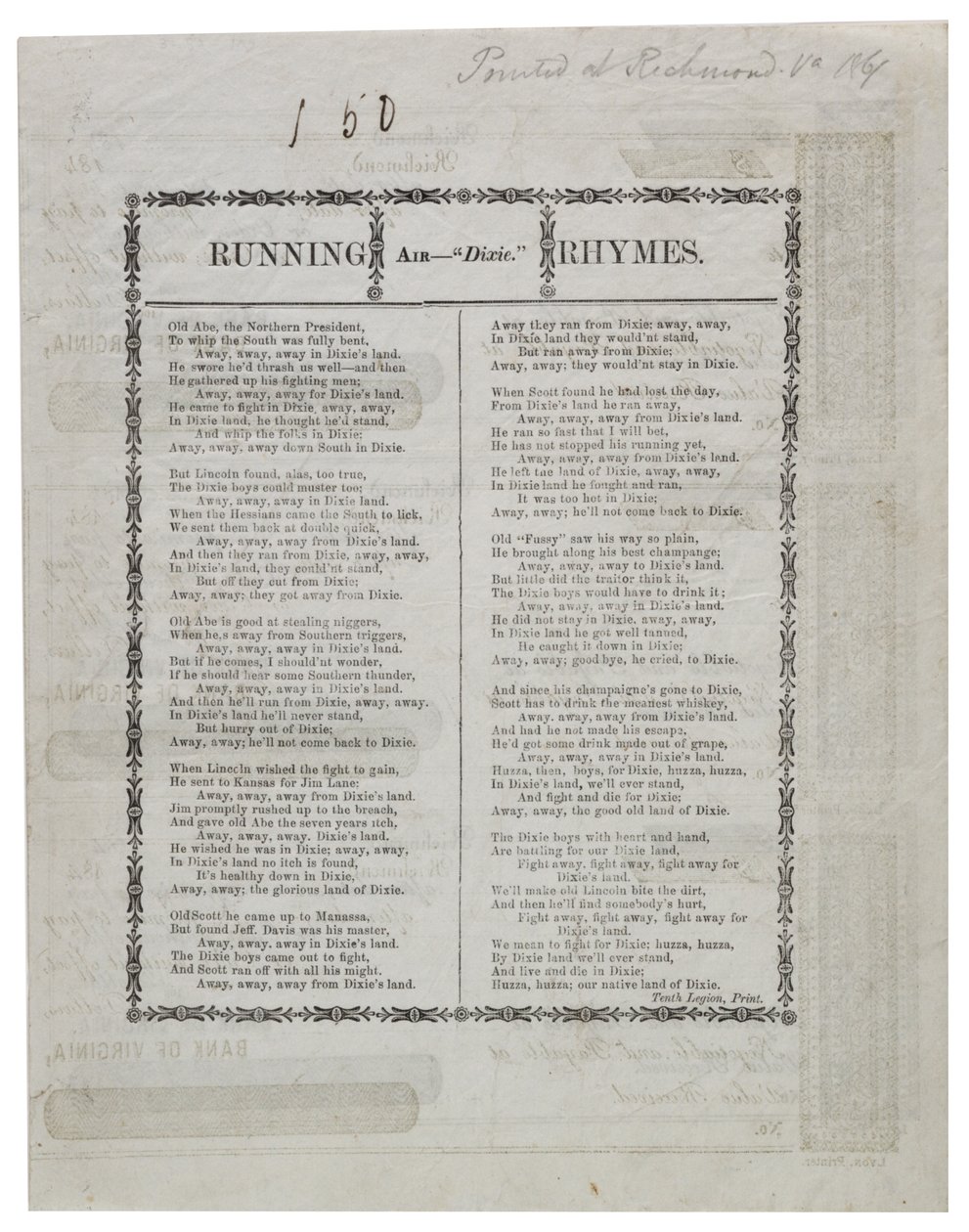 Dixie tryckt på baksidan av ett ark checkar, 1861 av American School