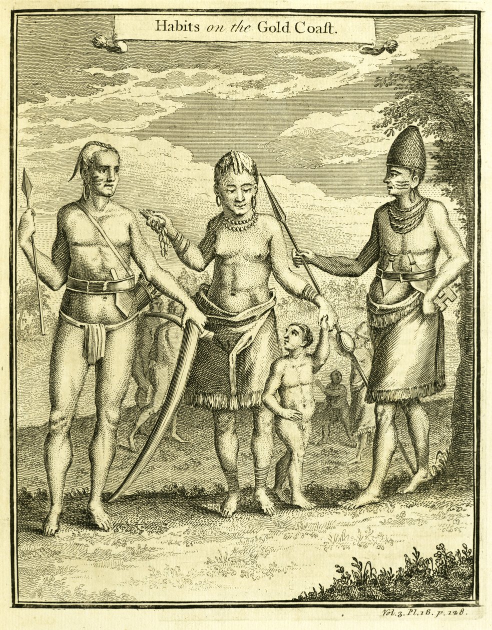 Klänning av folket i Cape Lope Gonsalvo och Rio Gabon, illustration från "Habits on the Gold Coast", av Thomas Astley, 1745-47 av American School