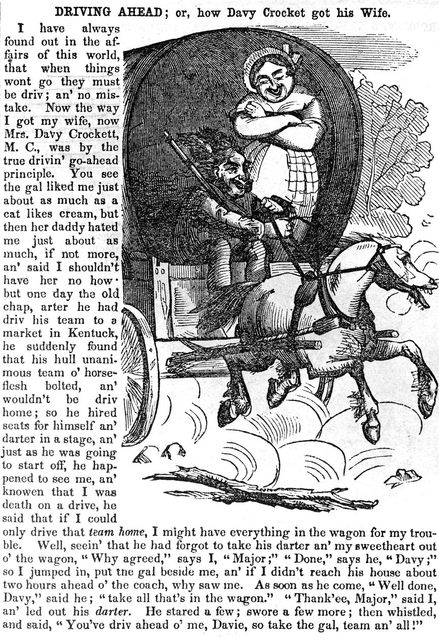 Driving Ahead, eller hur Davy Crockett fick sin fru, från Crocketts almanacka för 1856, publicerad, New York, 1855 av American School