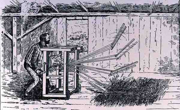 Tidiga försök till tröskmaskiner, illustration från The Growth of Industrial Art, 1892, från The Pageant of America, Vol.3, av Ralph Henry Gabriel, 1926 av American School