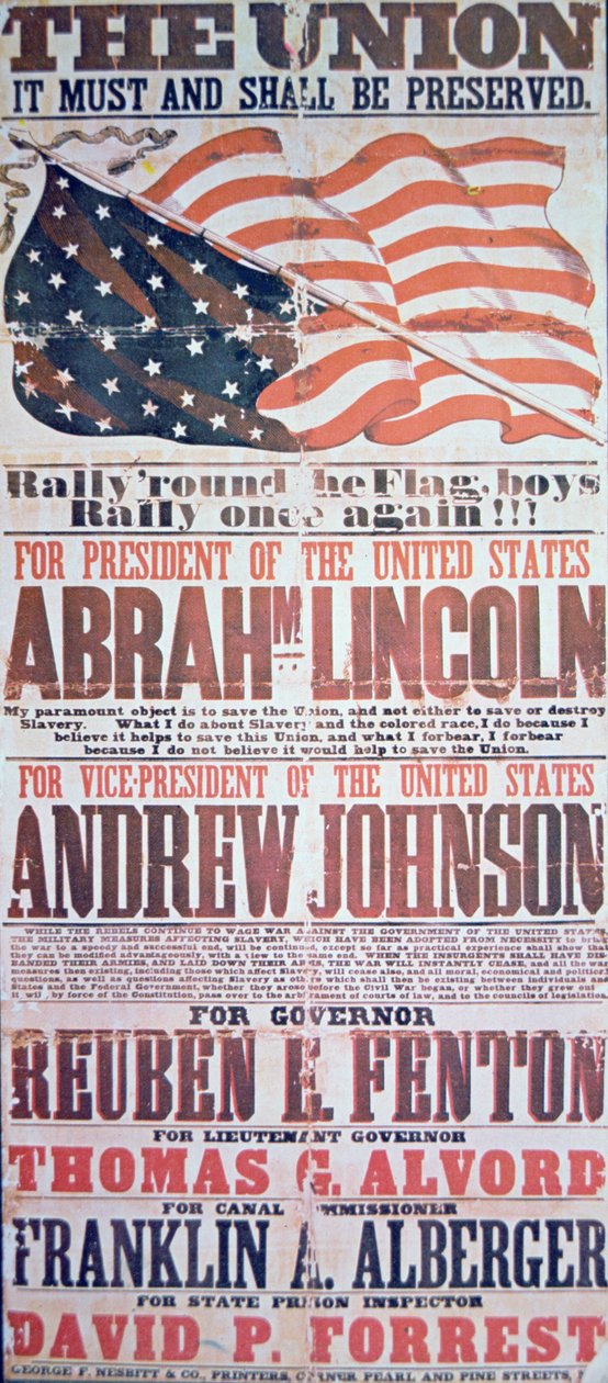 Valkampanjaffisch för Abraham Lincoln (1809-65) för president och Andrew Johnson (1808-75) för vicepresident av American School